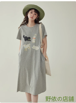 韓国系丸首のアニマルプリントワンピース夏の新作ゆったりコットンTシャツスカート