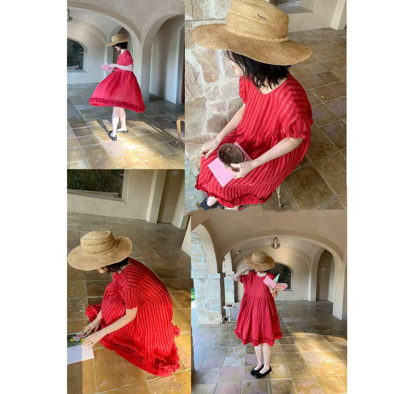 ラウンドネックワンピース　ストライプ ワンピース　半袖　コットンリネン