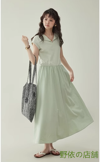 ファッションv襟半袖カラーワンピース女性夏は腰を収めて細く見えるミディアムスカート