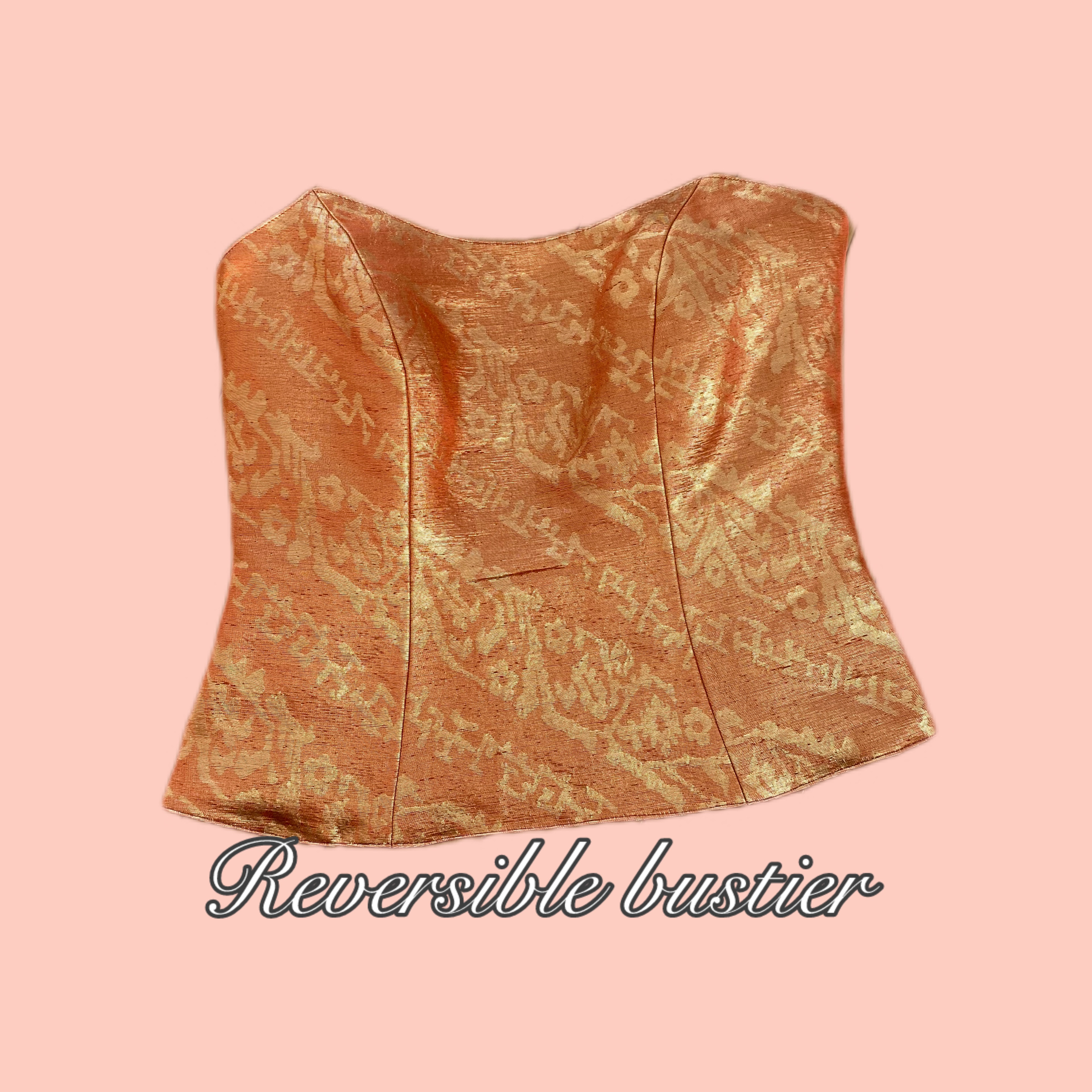 １点もの　着物リメイク　帯リメイク　ペプラムシルククロップビスチェ　メタリック　オレンジ
