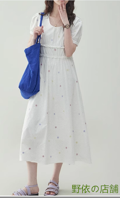 白いレースの純綿花柄ワンピース夏の新作ウエストA字ミドルスカート