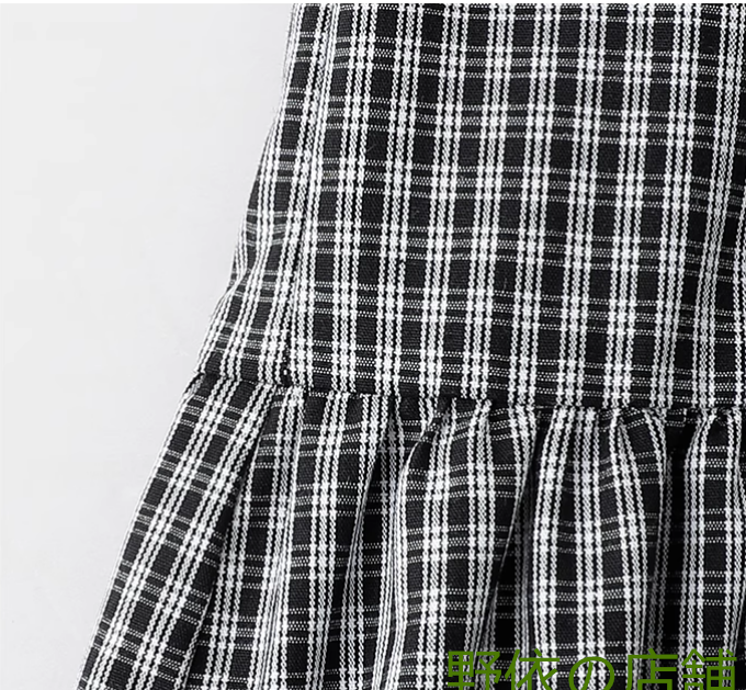 白黒チェックのレトロなコットンワンピース春の新作減齢ゆったりスカート