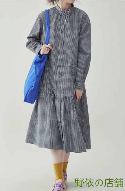 白黒チェックのレトロなコットンワンピース春の新作減齢ゆったりスカート