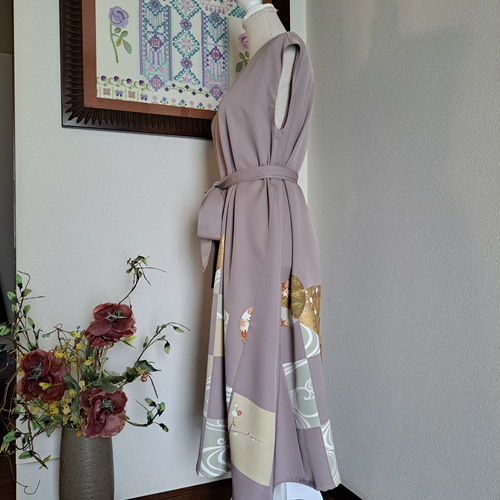 ☆ 着物リメイク/色留袖/正絹/ノースリーブ/Vネックワンピース