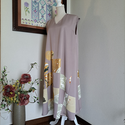 ☆ 着物リメイク/色留袖/正絹/ノースリーブ/Vネックワンピース