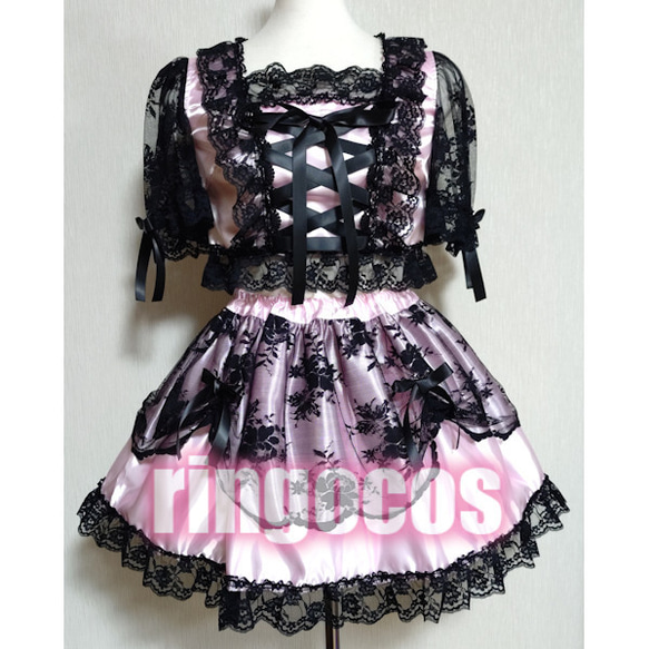 アイドル衣装 ピンク×黒 編み上げリボン オリジナル ハンドメイド コスプレ衣装 アイドル衣装 ピンク×黒 編み上げリボン オリジナル