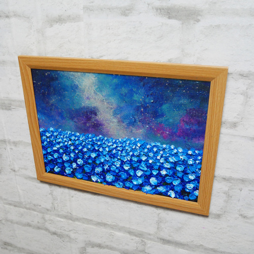 油絵 油彩 油彩画 絵 絵画【ネモフィラの田んぼに輝く天の川】 絵画