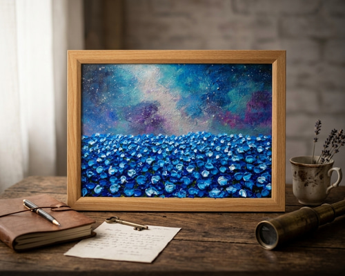 御所原天生　山の風景 油彩画 一点物】油絵 原画【Eternal Blue —無限の青—】風景画 ネモフィラ