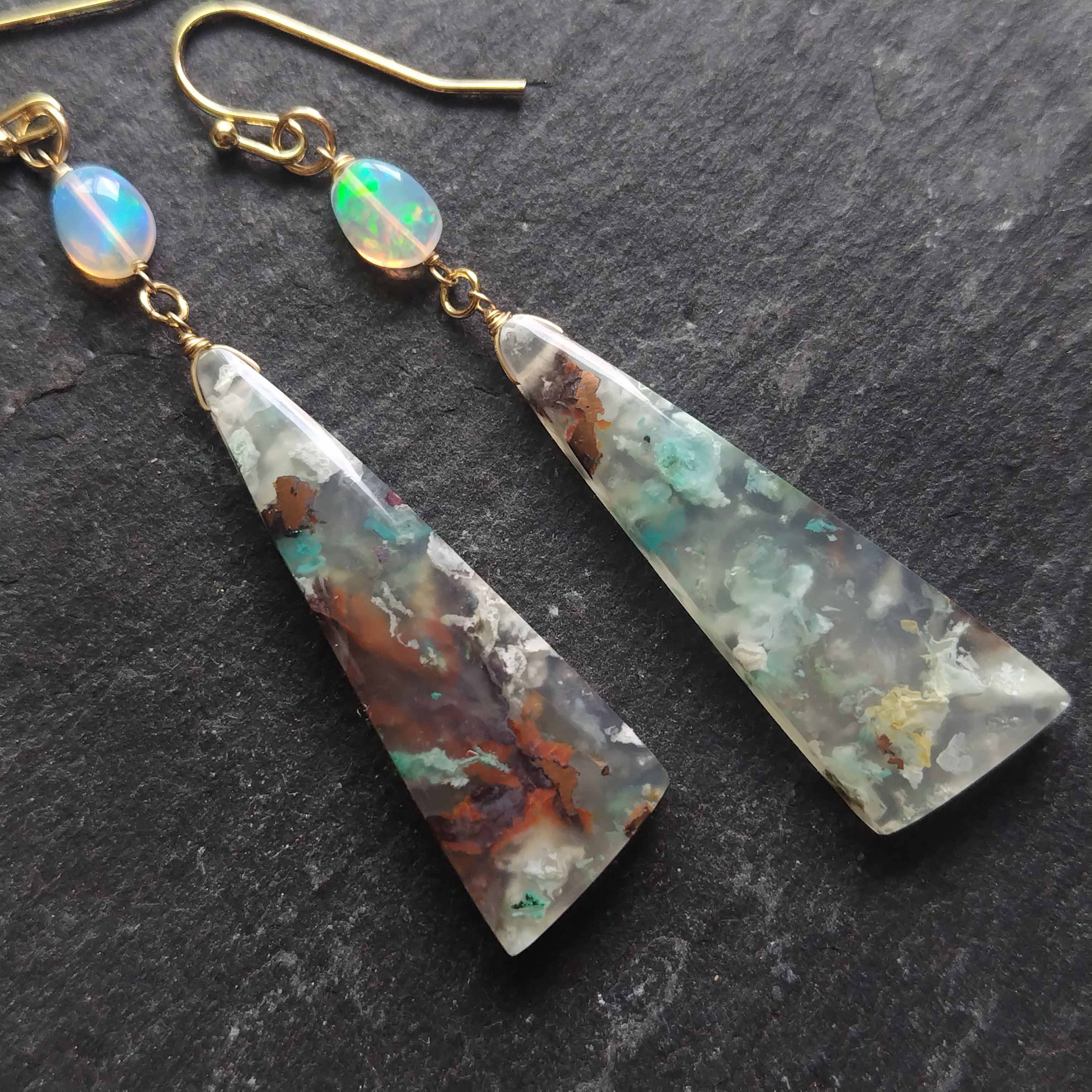 希少　大粒　コッパークリソコラインカルセドニー　プレシャスオパール　ピアス　イヤリング　14kgf