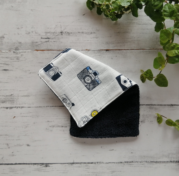 カメラ柄　ハーフハンカチ　ガーゼハンカチ　タオルハンカチ　ミニタオル　ダブルガーゼ　マイクロファイバー　名入れ　 2枚目の画像