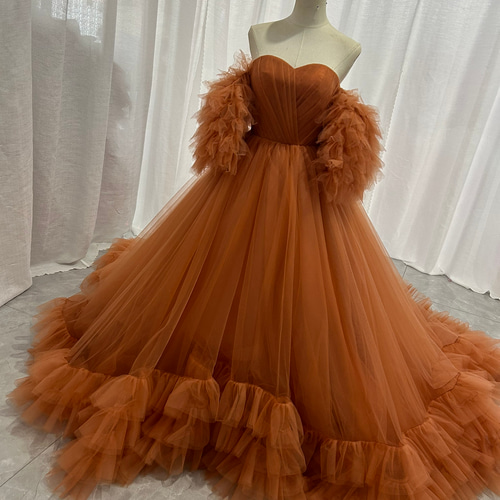 送料無料！カラードレス パフスリーブ 披露宴/結婚式 テラコッタ色