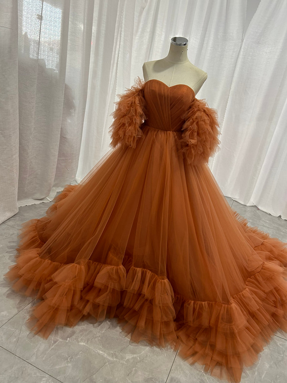 A*i様 テラコッタカラードレス(パフスリーブ、リボン、パニエ付き) ※値段交渉 A*i様 テラコッタカラードレス(パフスリーブ、リボン、パニエ