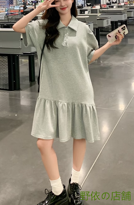 グレーカジュアルPOLOガーリーワンピースミディアム2025夏新作カレッジ風小柄で着痩せ減齢