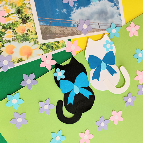 画用紙 猫 紫陽花 リボン 雫 6月 色紙 壁面 アルバム 飾り ～梅雨を