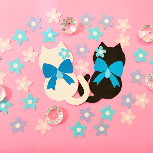 画用紙 猫 紫陽花 リボン 雫 6月 色紙 壁面 アルバム 飾り ～梅雨を