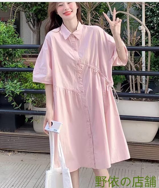 学院風甘め少女ピンクワンピース夏2025韓系デザイン感ゆったりシャツスカート