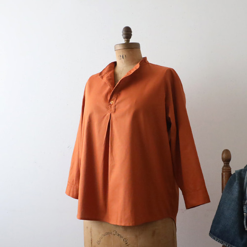 夏ＳＡＬＥ　上質ギマ擬麻コットン 立襟 バンドカラー シャツ ラウンド裾 ヘム 燕尾 ゆったり オレンジR80 夏SALE 上質ギマ擬麻コットン 粋が利いた 夏のシャツ