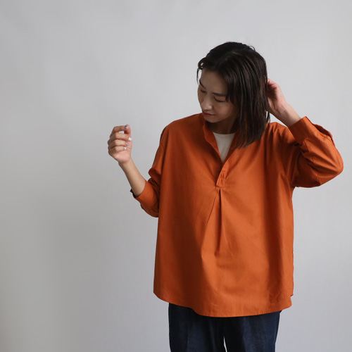夏ＳＡＬＥ　上質ギマ擬麻コットン 立襟 バンドカラー シャツ ラウンド裾 ヘム 燕尾 ゆったり オレンジR80 夏SALE 上質ギマ擬麻コットン 粋が利いた 夏のシャツ