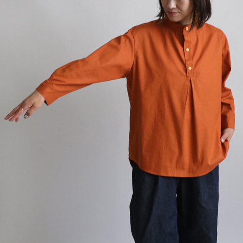 夏ＳＡＬＥ　上質ギマ擬麻コットン 立襟 バンドカラー シャツ ラウンド裾 ヘム 燕尾 ゆったり オレンジR80 夏SALE 上質ギマ擬麻コットン 粋が利いた 夏のシャツ