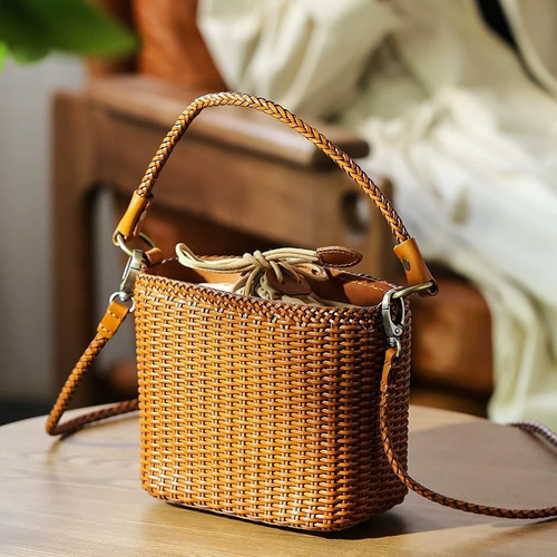本革 かごバッグ 牛革 2WAY ハンドメイド ショルダーバッグ