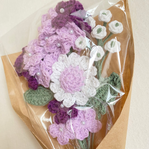 紫陽花 あじさい かすみ草 デイジー パープル 花束 編み物 枯れない花