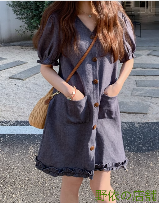 木耳元Vネックワンピース女2025年夏新作フレンチ小柄気質減齢a字スカート