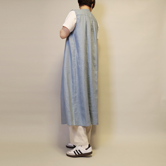 【新作】ノースリーブゆったりめギャザーシャツワンピース/アウター/羽織にも◎（ブルー）25020BLF 7枚目の画像