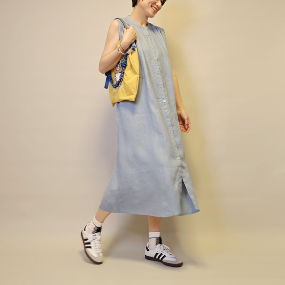 【新作】ノースリーブゆったりめギャザーシャツワンピース/アウター/羽織にも◎（ブルー）25020BLF 13枚目の画像
