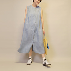 【新作】ノースリーブゆったりめギャザーシャツワンピース/アウター/羽織にも◎（ブルー）25020BLF 15枚目の画像