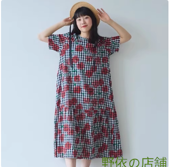 日系2025夏新型A社貴牌格子満印花甘く洋風で痩せ見えワンピース女