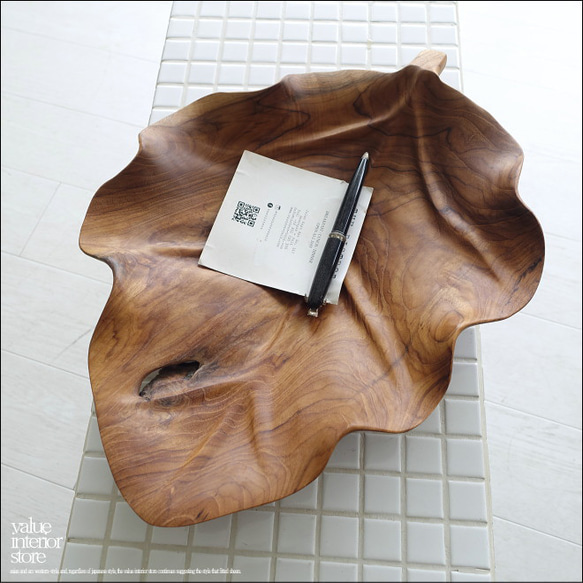 チーク無垢材 大型リーフプレートN02 大皿 盛り皿 菓子鉢 サラダボウル フルーツトレイ 木製食器 小物入れ 1枚目の画像