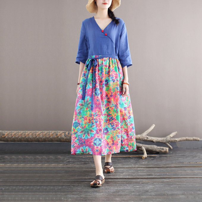 ☆丈カット無料☆麻 ワンピース お洒落なデザイン Vネック