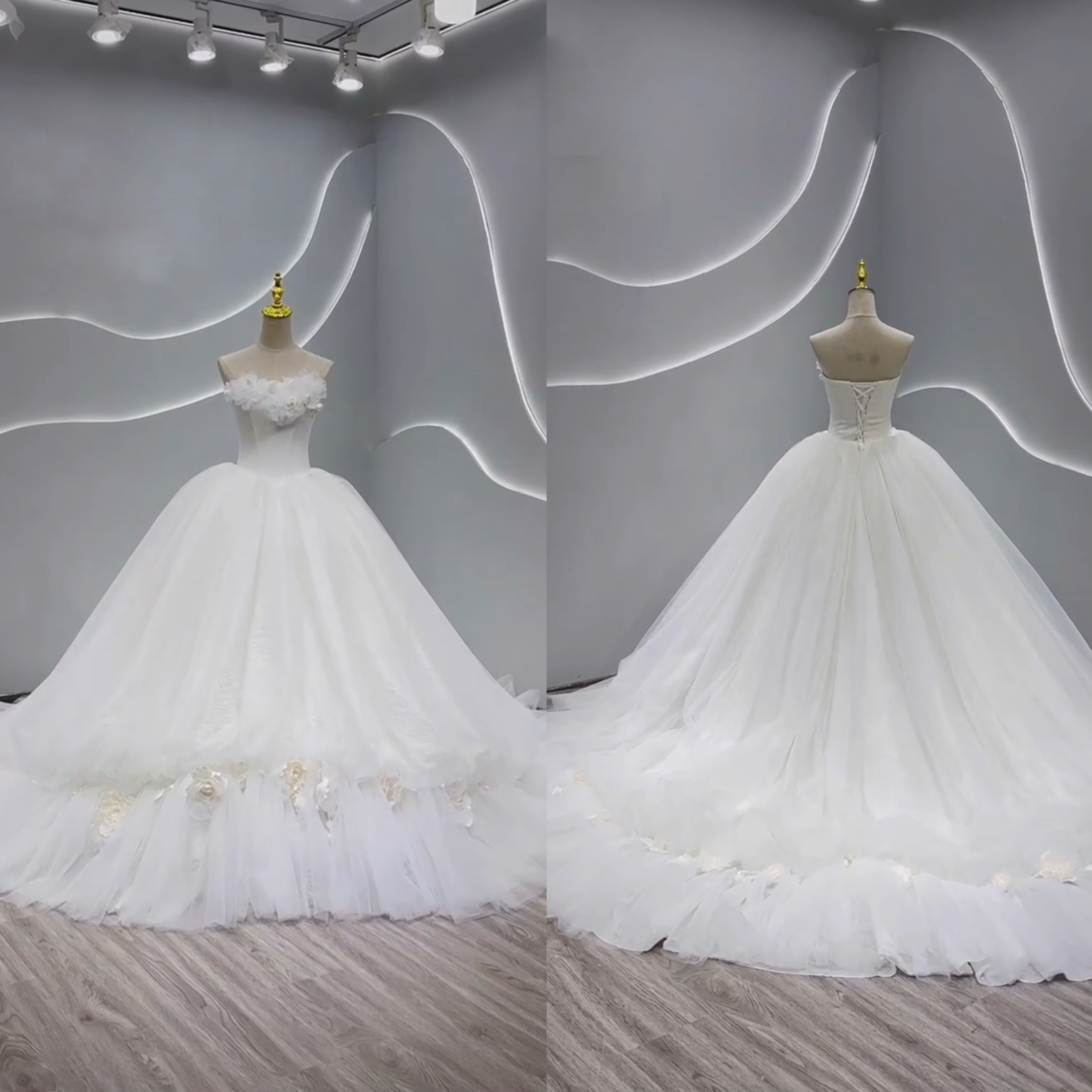 純粋な美しさ　チュール　ホワイト　お花飾り　フラワー　痩せて見える　上品　編み上げ　ビスチェライン　ブライダル前撮り披露