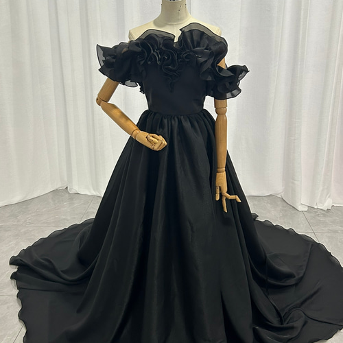 オフショルダーフリルパーティードレス ブラック My shawty ブラック