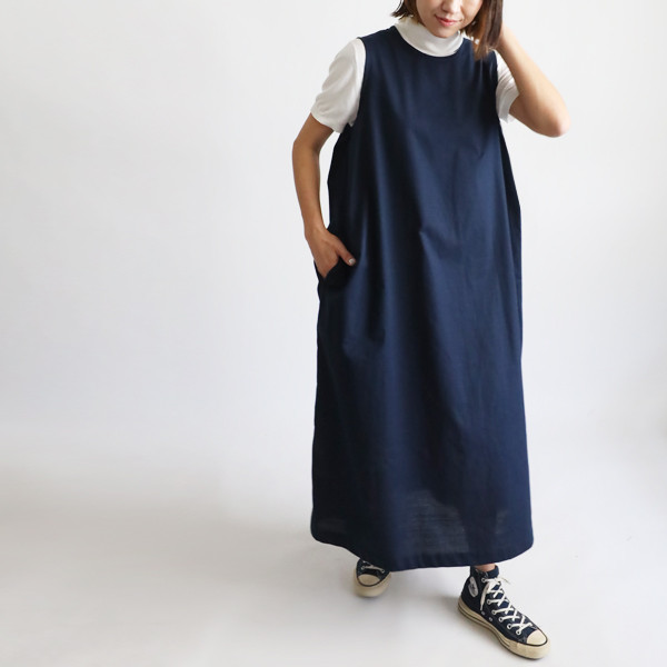 最終ＳＡＬＥ　１２５cm　ギマ擬麻コットン　脇下タック入　ロング ワンピース　 ネイビー紺R78B