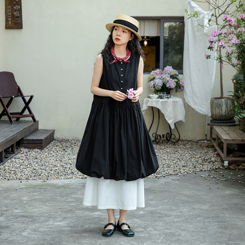 ノースリーブワンピース　100%コットンワンピース　可愛い裾ワンピース　2色　S-Mサイズ　S455