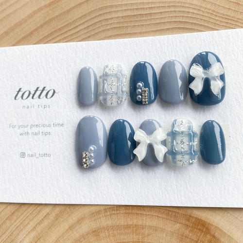 チェックネイル/リボンネイル/ぷっくりチェック/青/ブルーグレー/夏