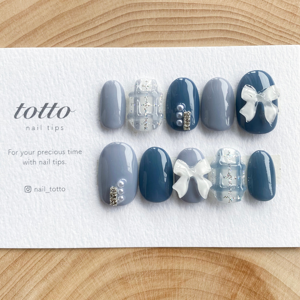 チェックネイル/リボンネイル/ぷっくりチェック/青/ブルーグレー/夏