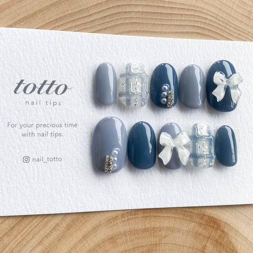 チェックネイル/リボンネイル/ぷっくりチェック/青/ブルーグレー/夏