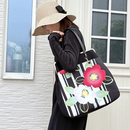 がま口3way｜椿柄＊夏のおでかけに＊浴衣にも合う＊A4対応＊トート