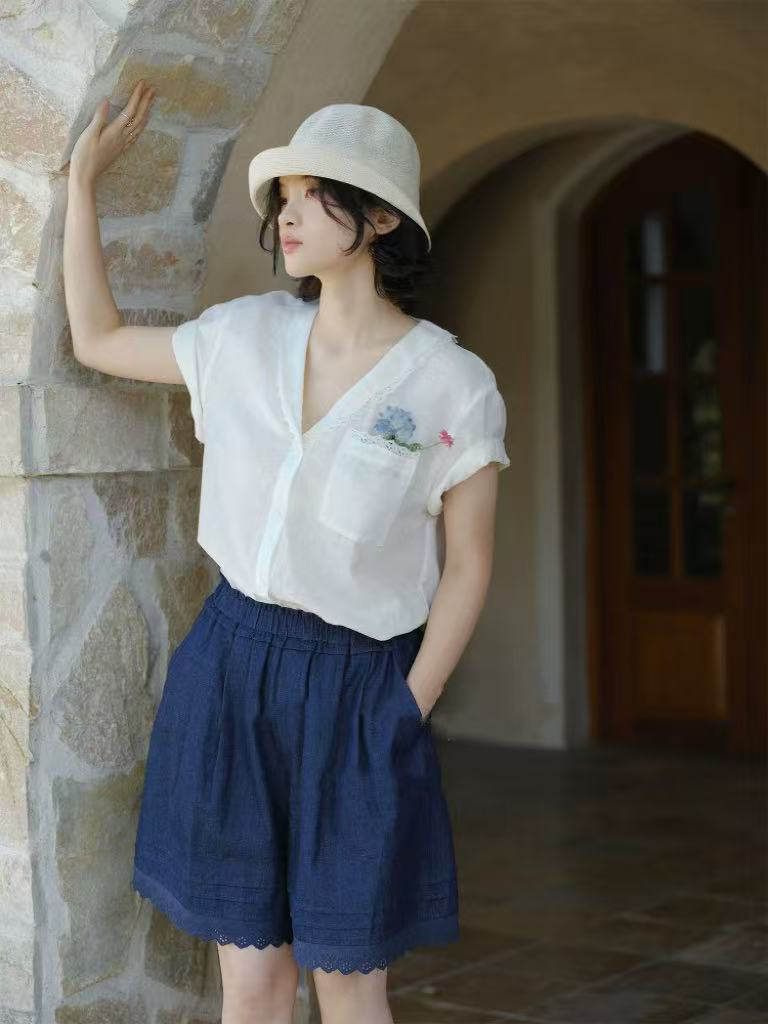 開襟シャツブラウス　半袖ブラウス　コットンリネン