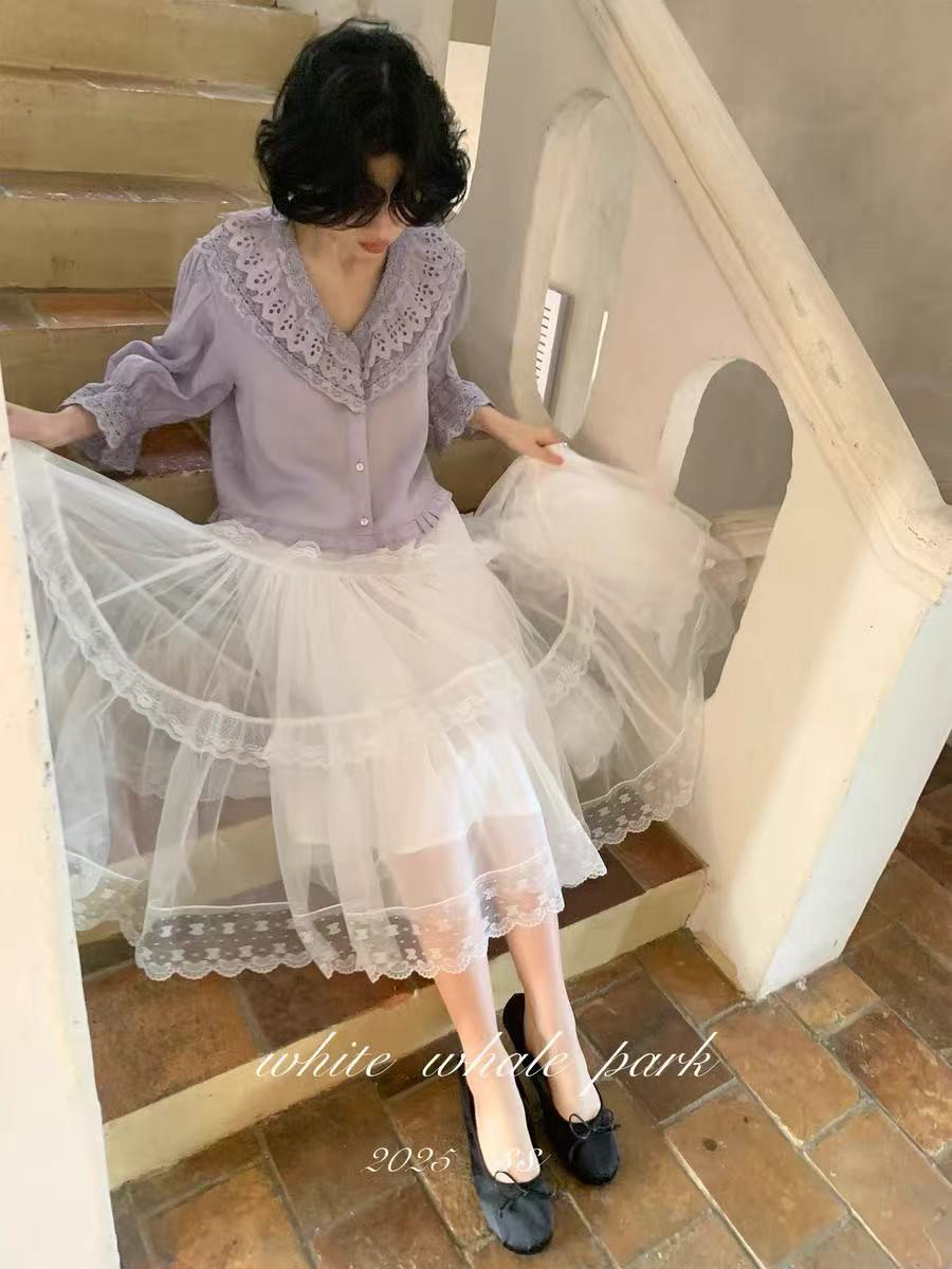 レース切替ブラウス　7分袖ブラウス　フリルブラウス