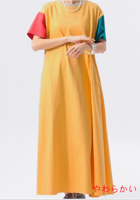 日系2025夏新作胸元刺繍パッチワークカラー気質痩せて見える洋風A字ロングワンピース