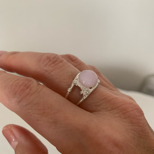 純銀とガラスの指輪 ピンクガラス 桜 silver999 15号 指輪・リング
