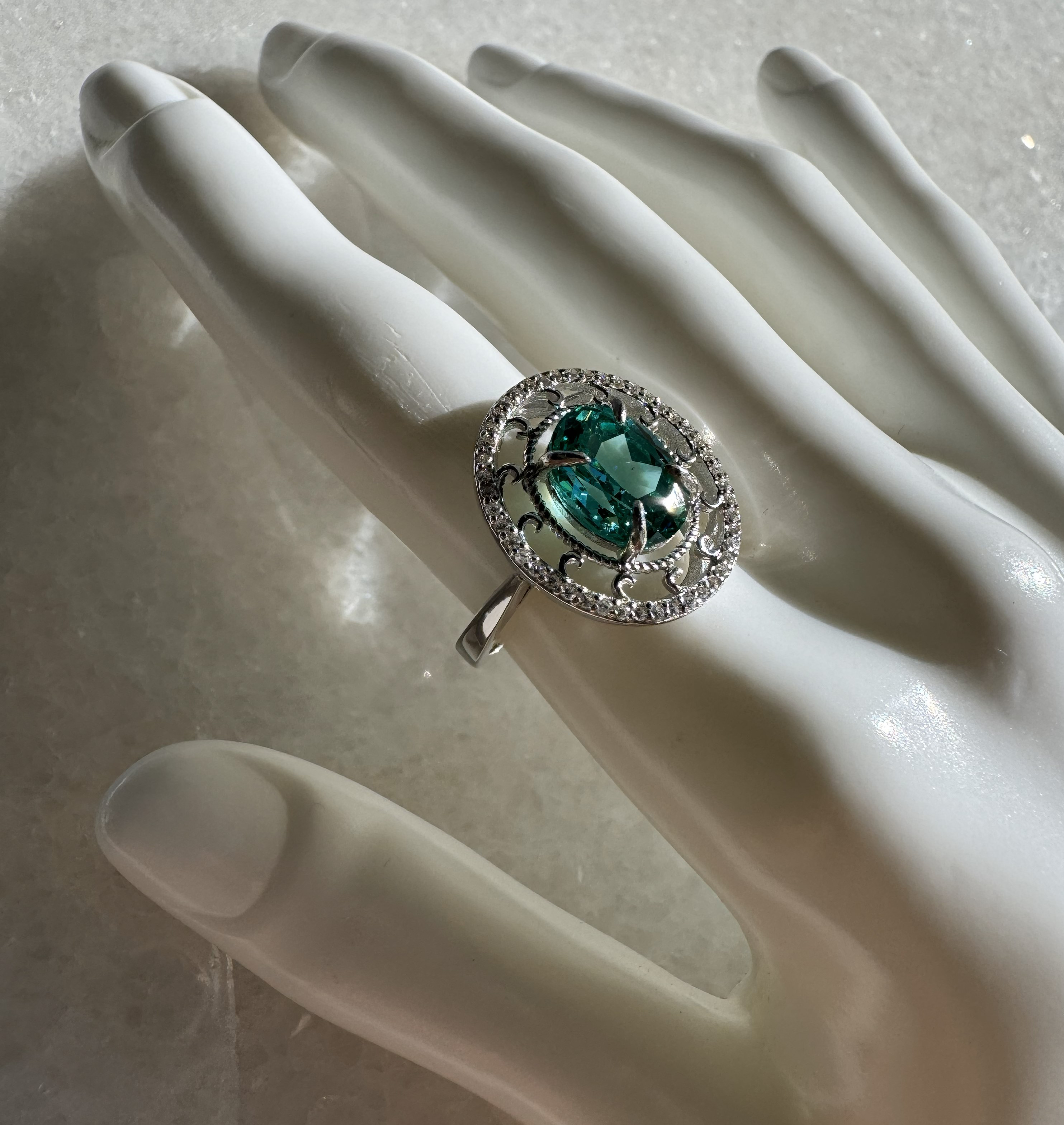 【1点限定】合成サファイア（パライバグリーン）イタリアンデザイン シルバーリング｜US6号