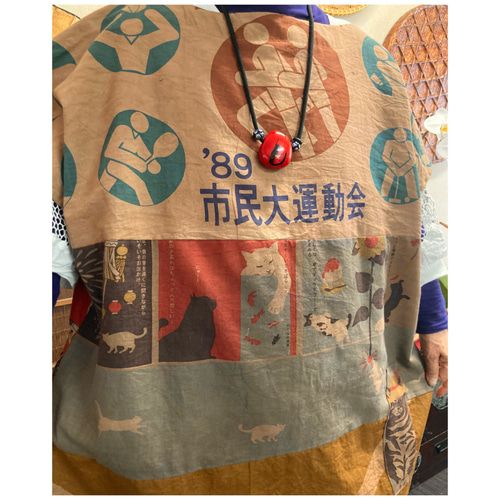 柿渋染め　手ぬぐいリメイク　ナショナル　そろばん　ビッグシルエット　チュニック 神様柄の手ぬぐいの柿渋染め裾コクーンチュニック 手ぬぐい