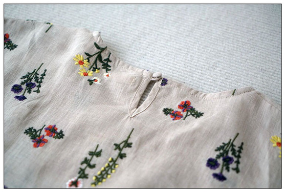リネン100％花総刺繡ポケット付シンプルな大人可愛い七分袖ワンピース♪ 5枚目の画像