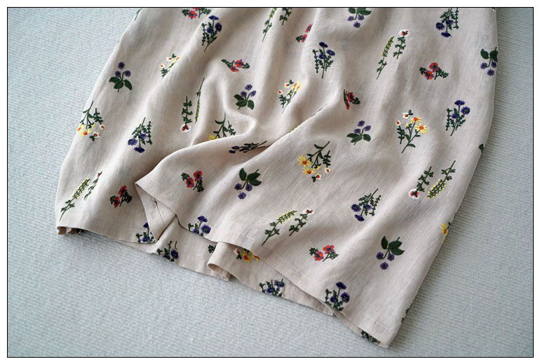 リネン100％花総刺繡ポケット付シンプルな大人可愛い七分袖ワンピース♪