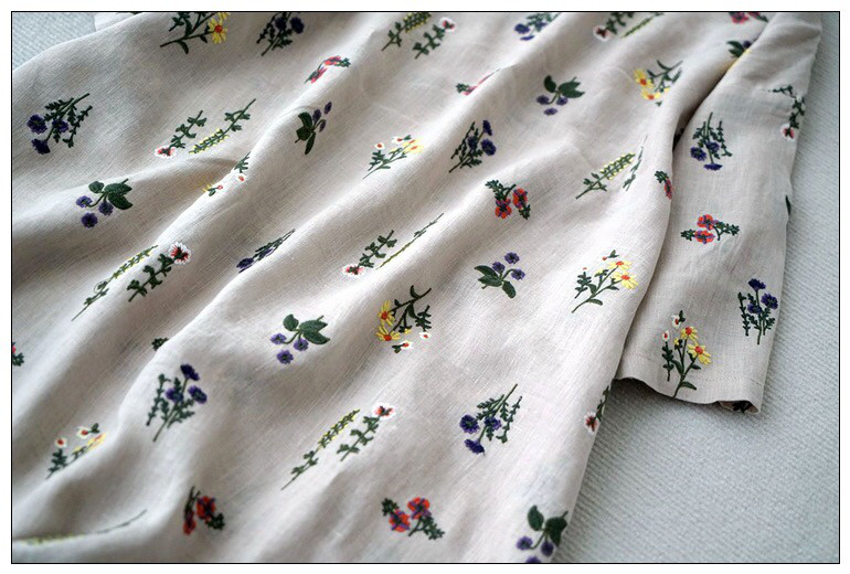 リネン100％花総刺繡ポケット付シンプルな大人可愛い七分袖ワンピース♪