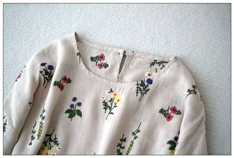 リネン100％花総刺繡ポケット付シンプルな大人可愛い七分袖ワンピース♪